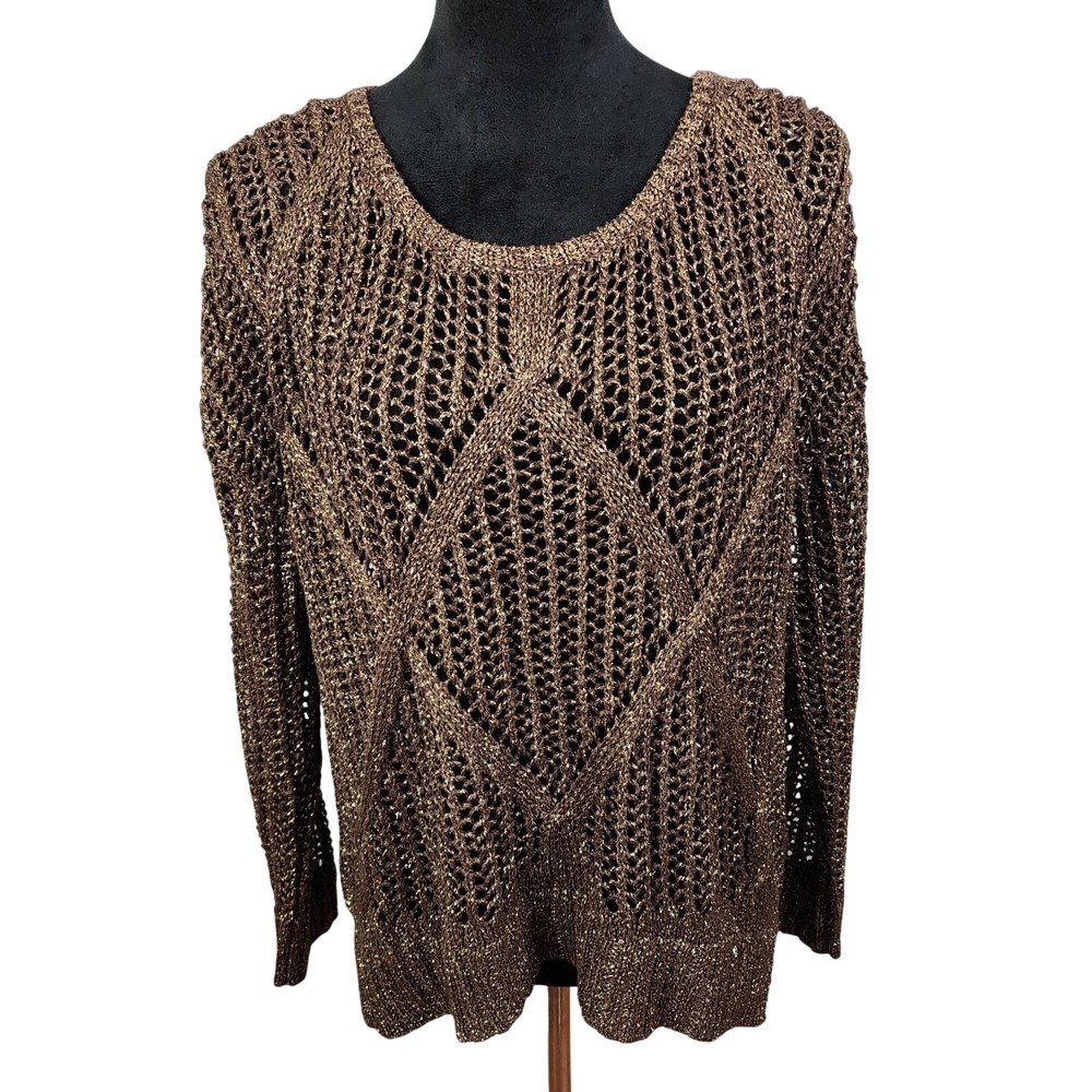I JEANS by BUFFALO Size Large Gold & Brown Metallic Open Knit Casual Sweater
